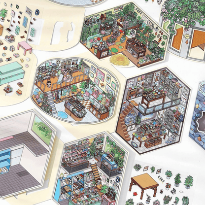 Cute Girl’s Dream Shops – 3D Miniature Scene Stickers – 4 Theme Sets: Clothing Store | Plant Boutique | Doll Shop | Gemstone Store