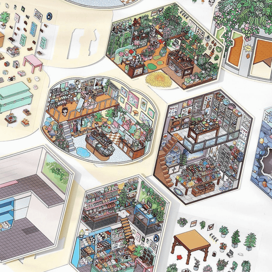 Cute Girl’s Dream Shops – 3D Miniature Scene Stickers – 4 Theme Sets: Clothing Store | Plant Boutique | Doll Shop | Gemstone Store