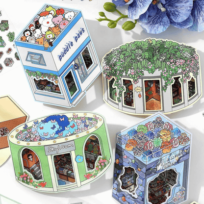Cute Girl’s Dream Shops – 3D Miniature Scene Stickers – 4 Theme Sets: Clothing Store | Plant Boutique | Doll Shop | Gemstone Store