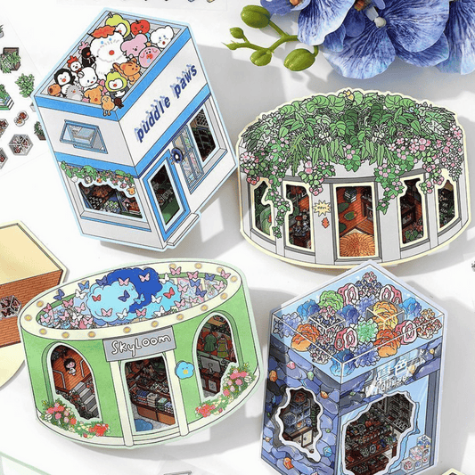 Cute Girl’s Dream Shops – 3D Miniature Scene Stickers – 4 Theme Sets: Clothing Store | Plant Boutique | Doll Shop | Gemstone Store