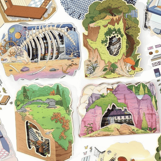 My Secret Hideouts – 3D Miniature Scene Stickers – 4 Theme Sets: Tree Hollow | Underground Den | Cave Shelter | Mine Cabin