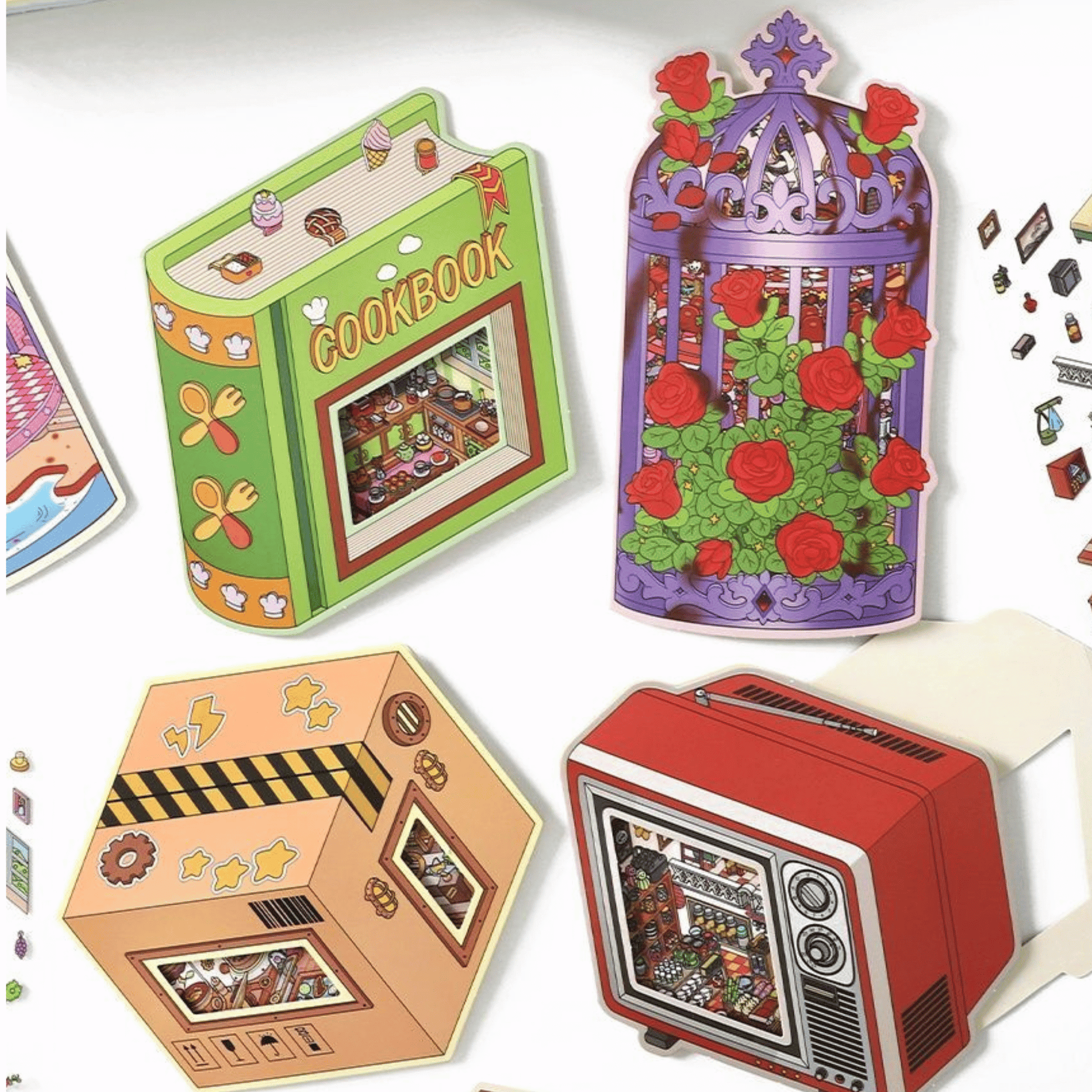 Whimsical Holiday – 3D Miniature Scene Stickers – 4 Theme Sets: Spaceship Parcel | TV Convenience Store | Caged Venice Theater | Book Kitchen