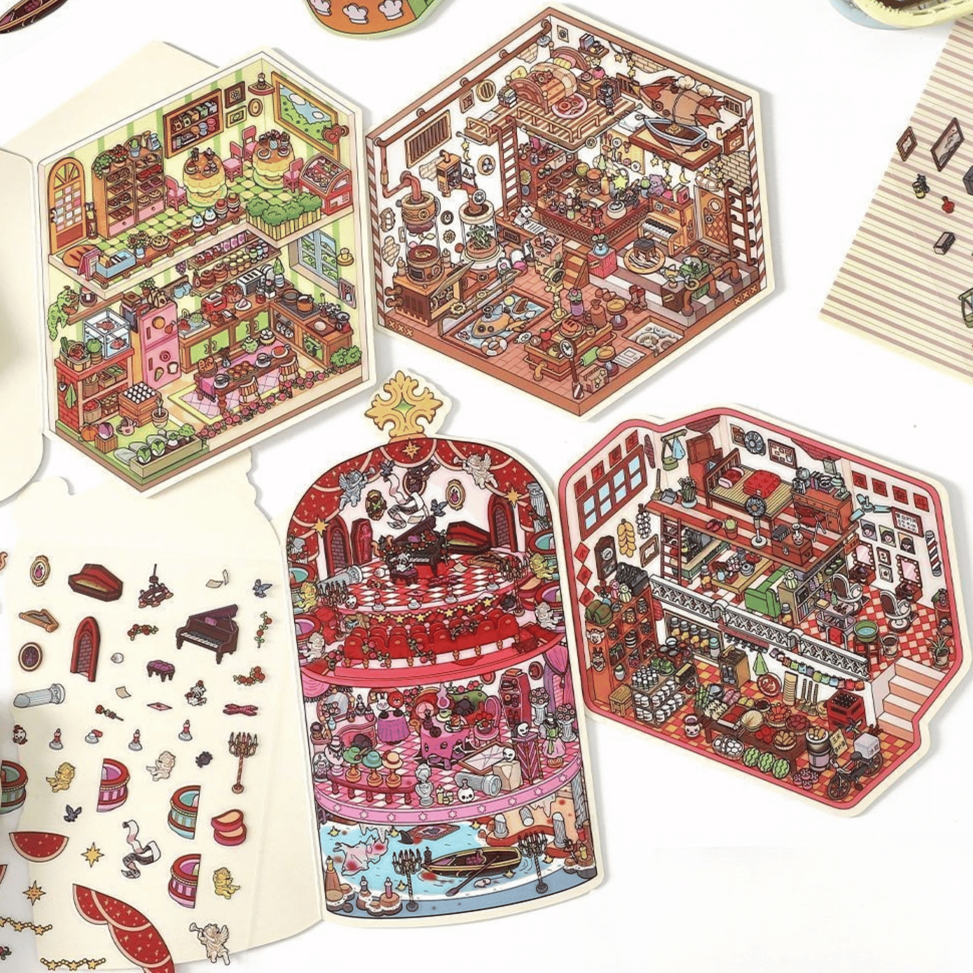 Whimsical Holiday – 3D Miniature Scene Stickers – 4 Theme Sets: Spaceship Parcel | TV Convenience Store | Caged Venice Theater | Book Kitchen