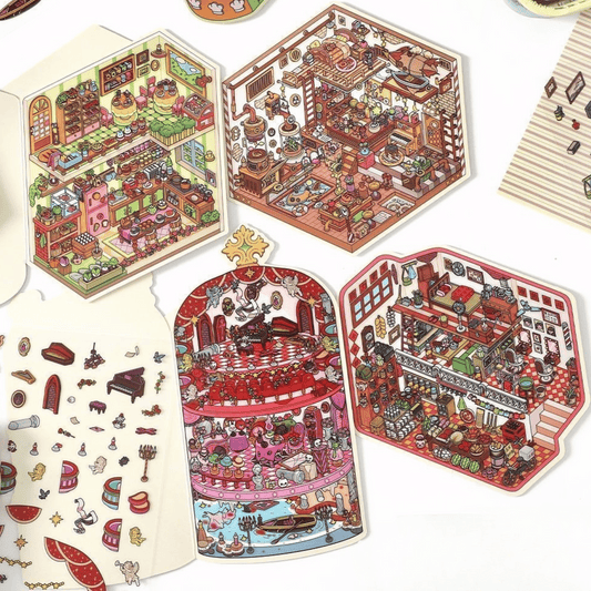 Whimsical Holiday – 3D Miniature Scene Stickers – 4 Theme Sets: Spaceship Parcel | TV Convenience Store | Caged Venice Theater | Book Kitchen