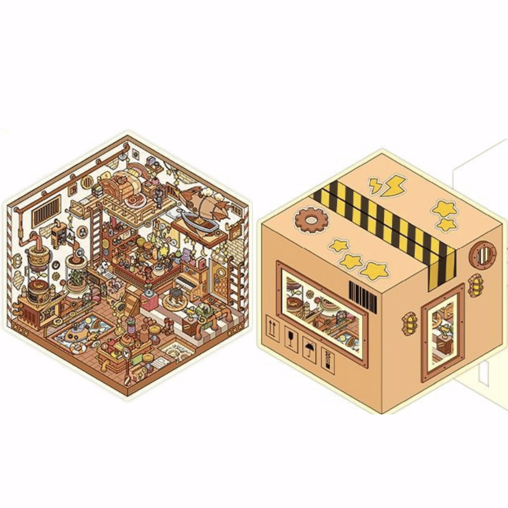 Whimsical Holiday – 3D Miniature Scene Stickers – 4 Theme Sets: Spaceship Parcel | TV Convenience Store | Caged Venice Theater | Book Kitchen