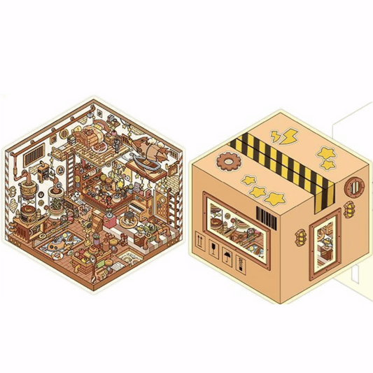 Whimsical Holiday – 3D Miniature Scene Stickers – 4 Theme Sets: Spaceship Parcel | TV Convenience Store | Caged Venice Theater | Book Kitchen