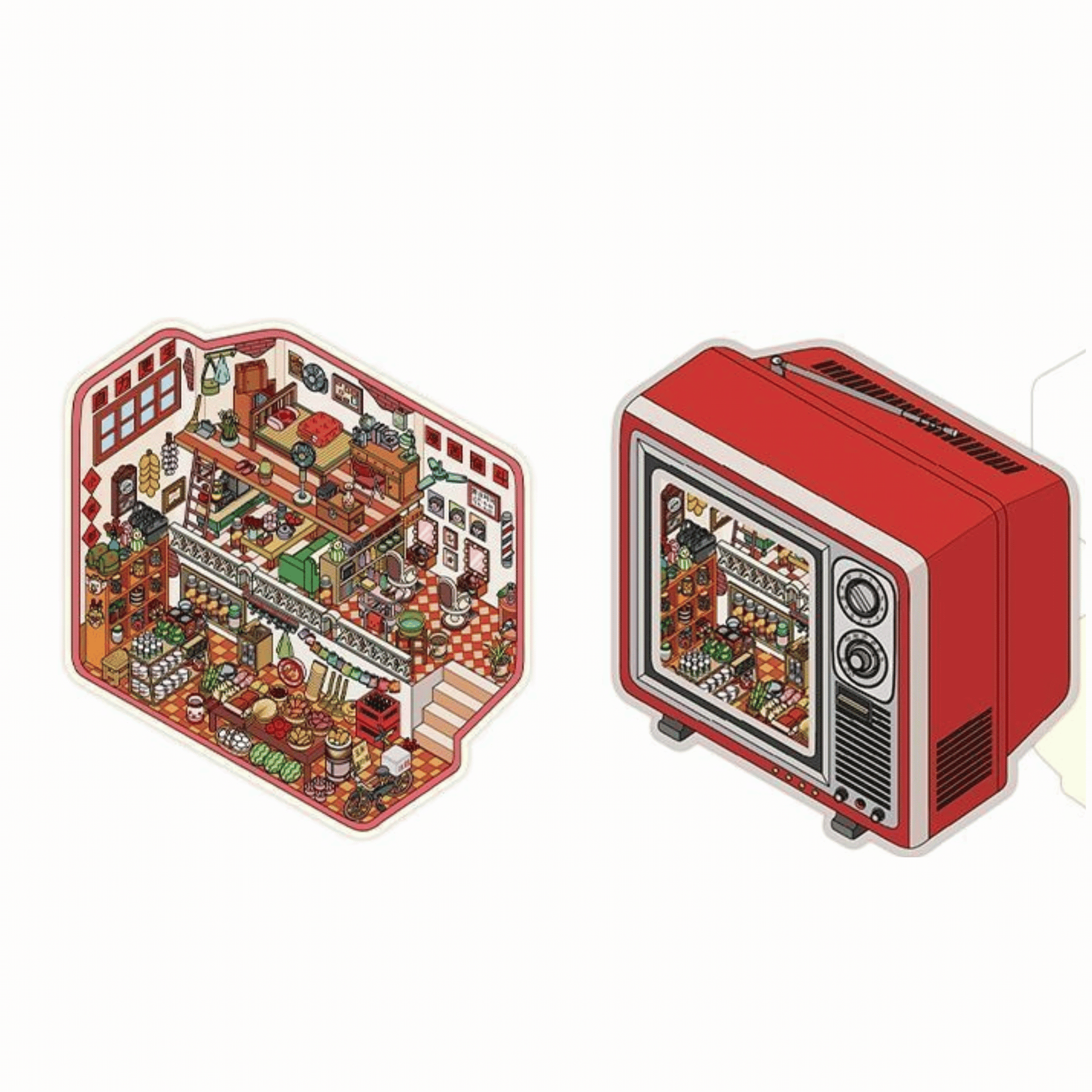 Whimsical Holiday – 3D Miniature Scene Stickers – 4 Theme Sets: Spaceship Parcel | TV Convenience Store | Caged Venice Theater | Book Kitchen
