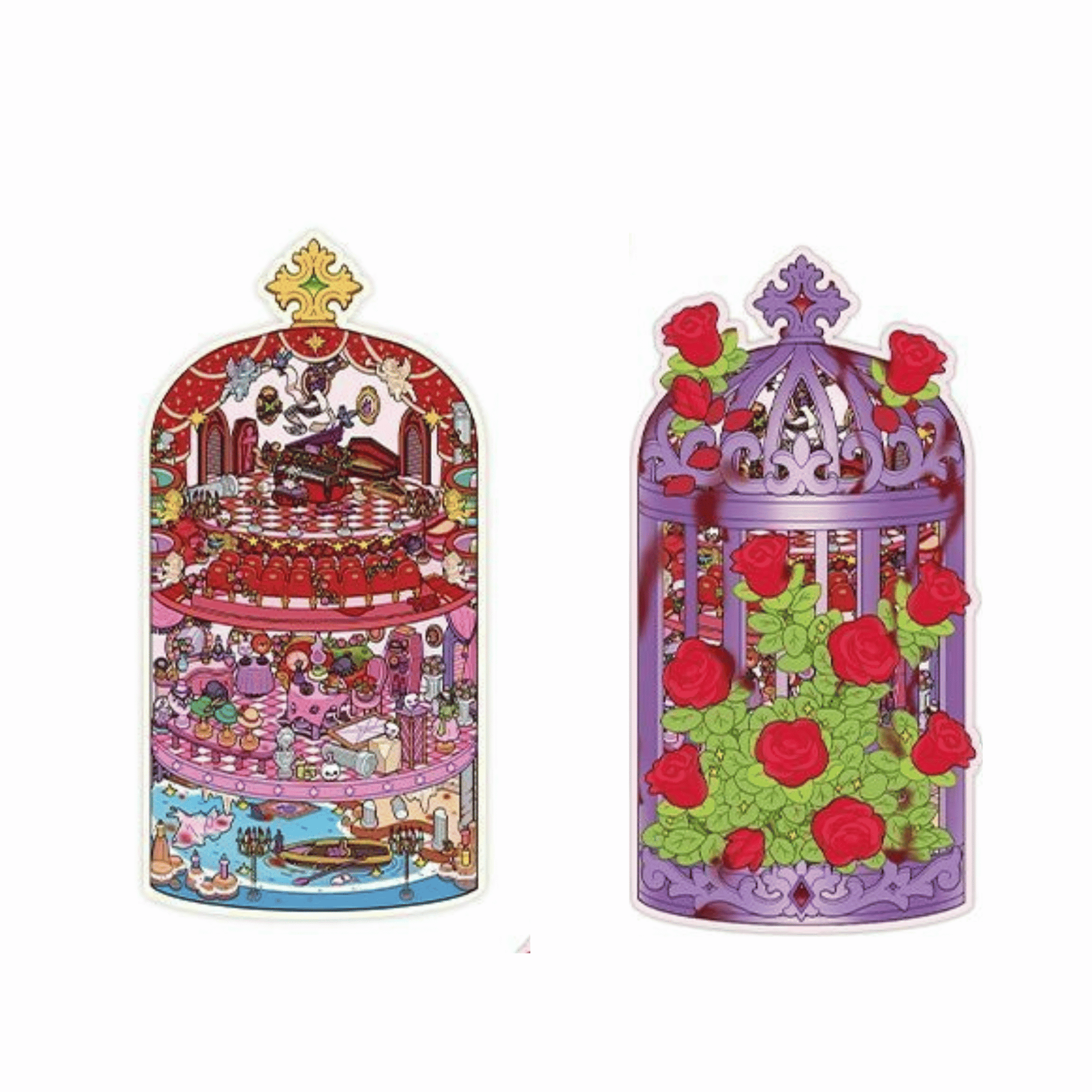 Whimsical Holiday – 3D Miniature Scene Stickers – 4 Theme Sets: Spaceship Parcel | TV Convenience Store | Caged Venice Theater | Book Kitchen