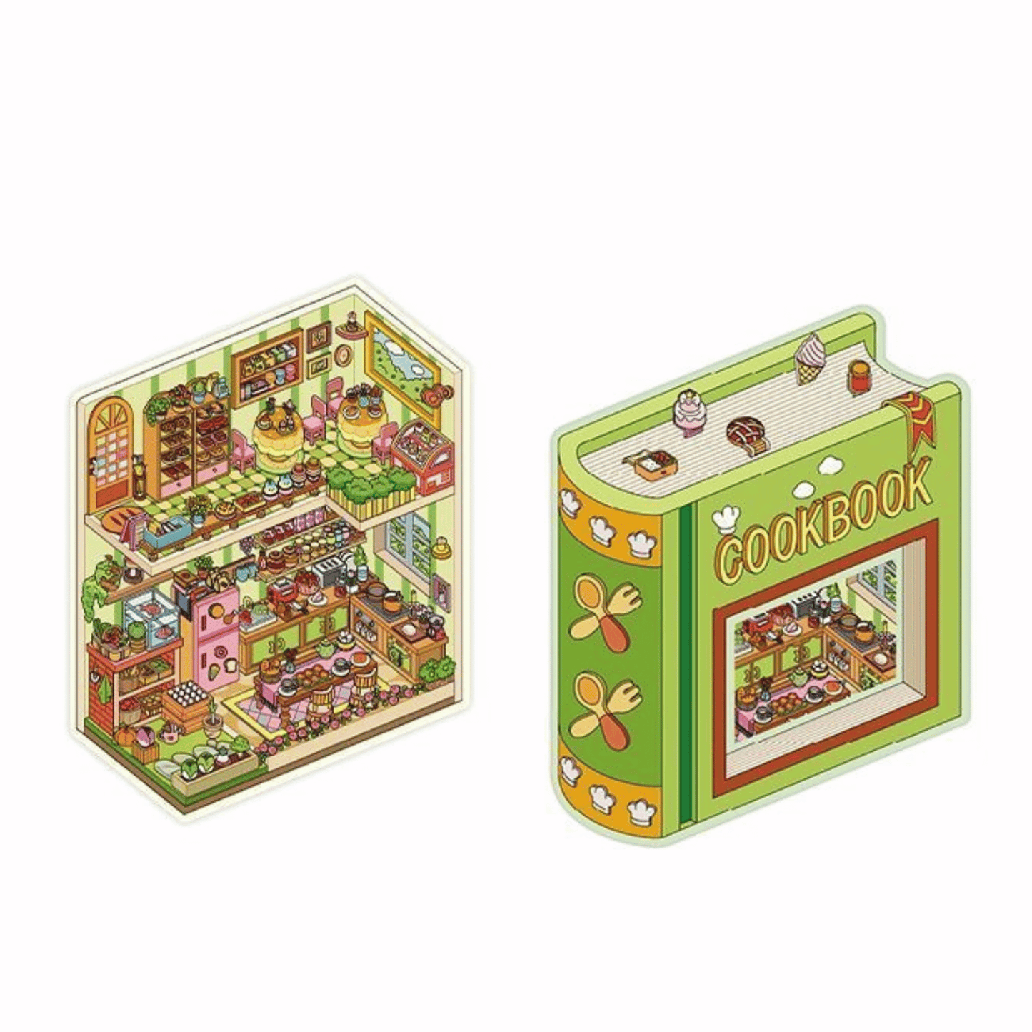 Whimsical Holiday – 3D Miniature Scene Stickers – 4 Theme Sets: Spaceship Parcel | TV Convenience Store | Caged Venice Theater | Book Kitchen