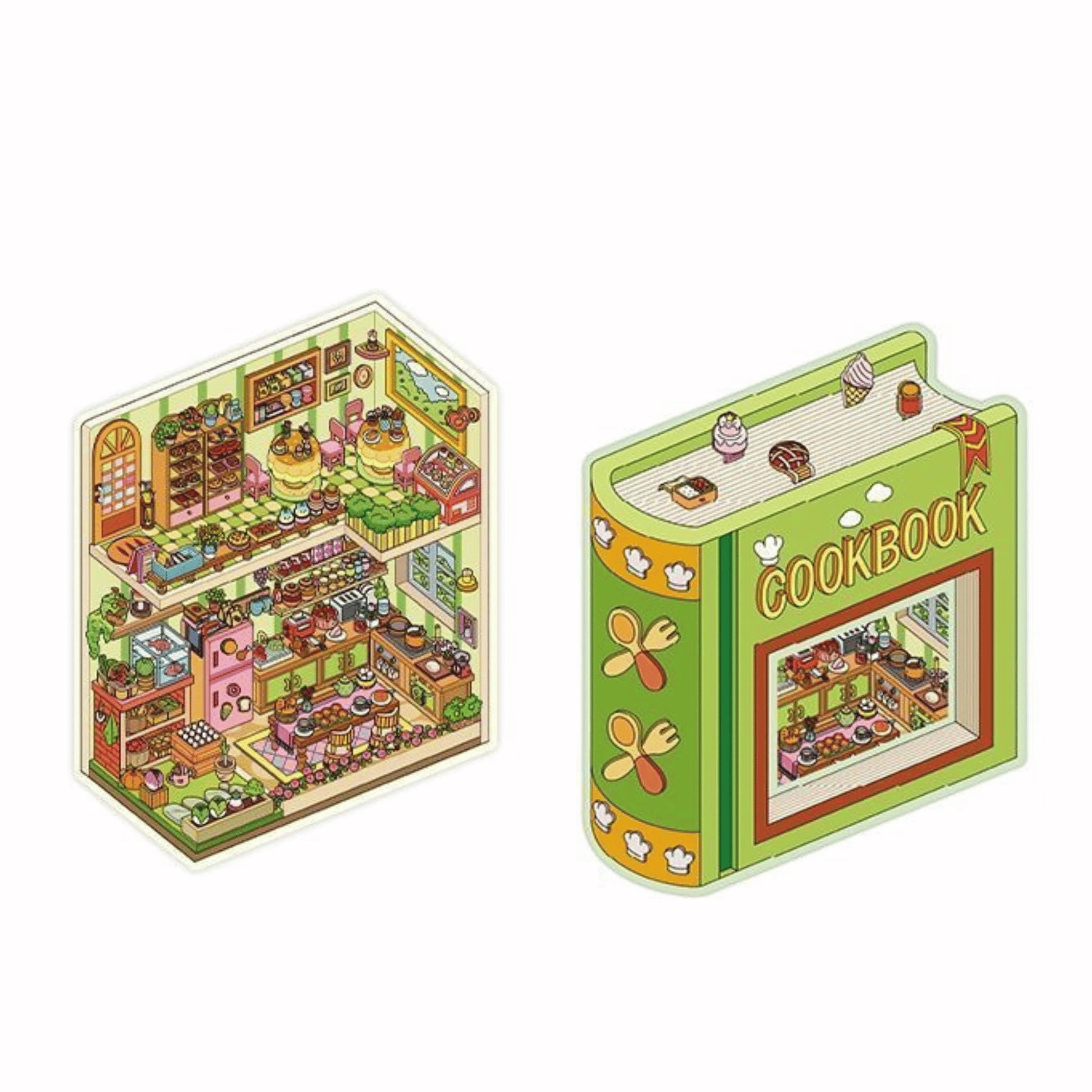 Whimsical Holiday – 3D Miniature Scene Stickers – 4 Theme Sets: Spaceship Parcel | TV Convenience Store | Caged Venice Theater | Book Kitchen