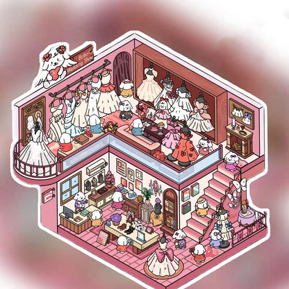 Cute Puppy 3D Isometric Room Stickers – 8 Theme Sets: Christmas Party | Clothing Store | Flower Shop | BBQ Restaurant | Wedding | Happy New Year | Dress Shop | Temple Fair - SNSEASY