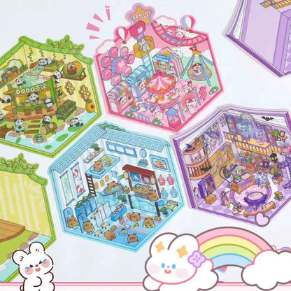 Adorable Animal 3D Isometric Room Stickers - A Special Day: Panda Teahouse | Bunny Amusement Park | Capybara Hot Spring | Pony Magic Bookstore - SNSEASY