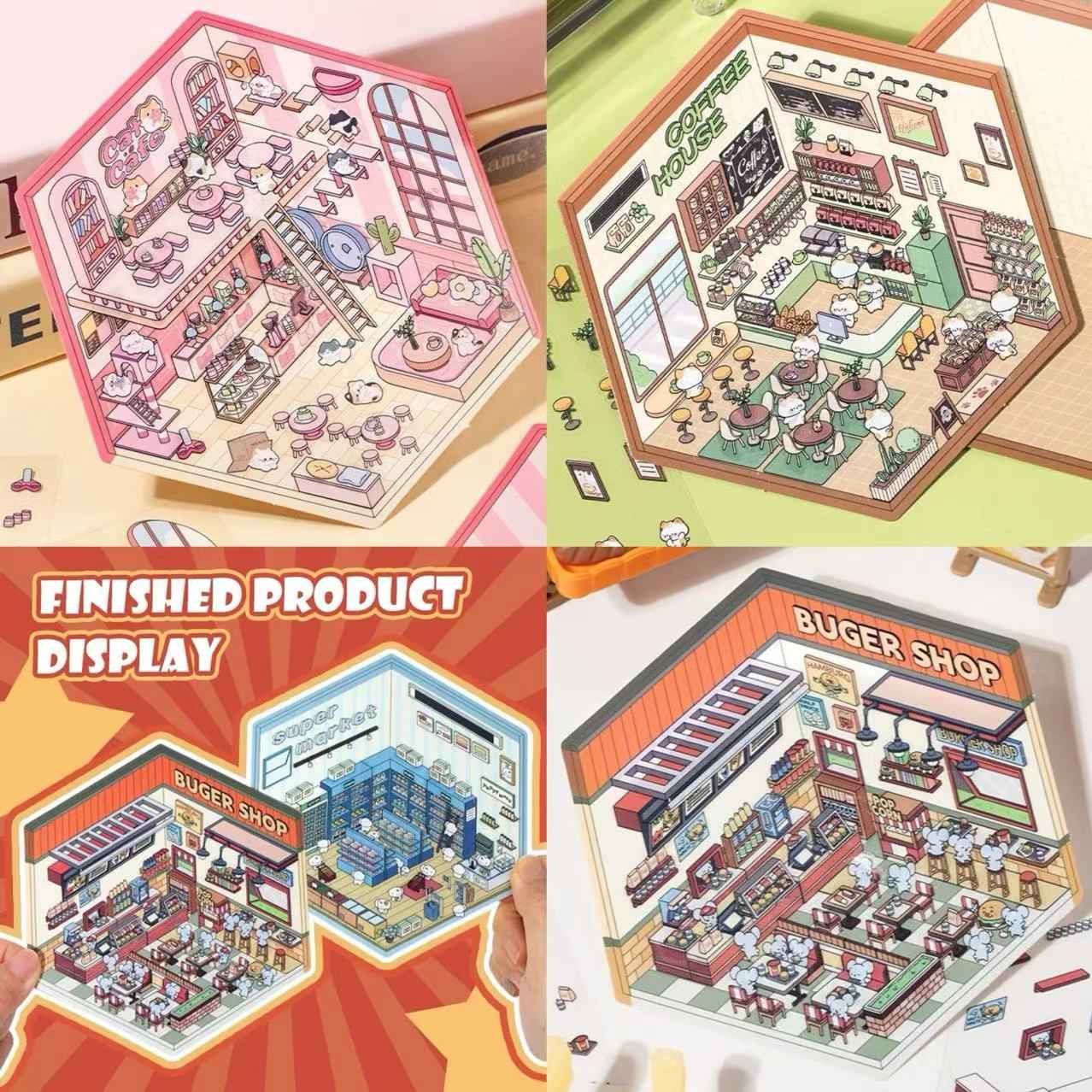 Cute Cat and Mouse Shops 3D Isometric Room Stickers - 4 Theme Sets: Coffee House | Cat Cafe | Supermarket | Burger Shop - SNSEASY