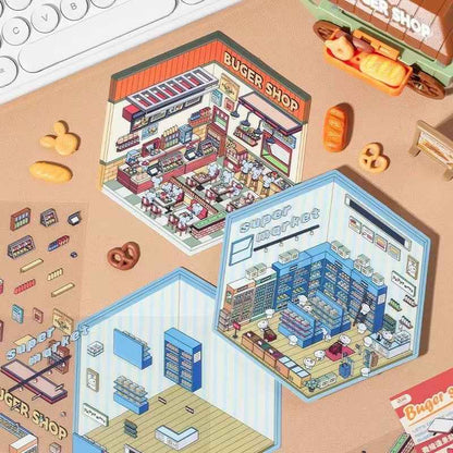 Cute Cat and Mouse Shops 3D Isometric Room Stickers - 4 Theme Sets: Coffee House | Cat Cafe | Supermarket | Burger Shop - SNSEASY