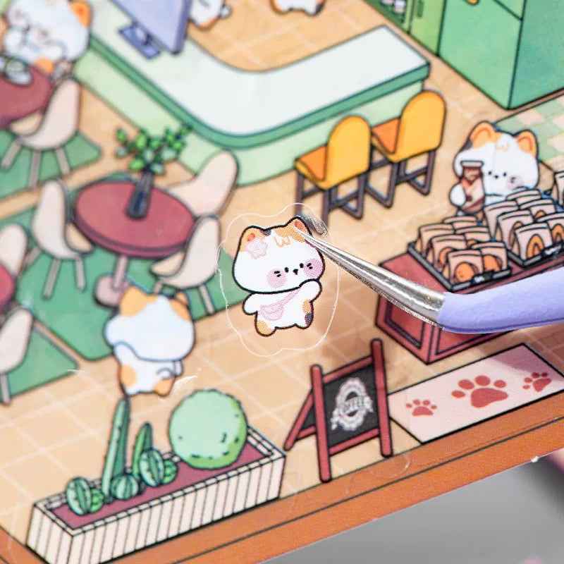 Cute Cat and Mouse Shops 3D Isometric Room Stickers - 4 Theme Sets: Coffee House | Cat Cafe | Supermarket | Burger Shop - SNSEASY