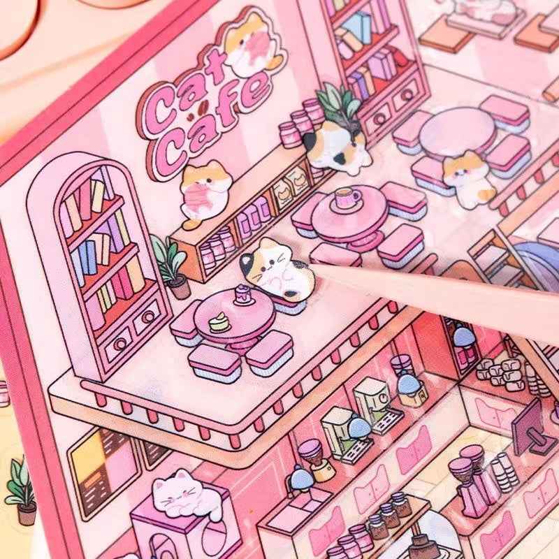 Cute Cat and Mouse Shops 3D Isometric Room Stickers - 4 Theme Sets: Coffee House | Cat Cafe | Supermarket | Burger Shop - SNSEASY