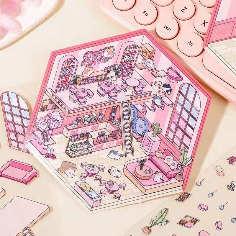 Cute Cat and Mouse Shops 3D Isometric Room Stickers - 4 Theme Sets: Coffee House | Cat Cafe | Supermarket | Burger Shop - SNSEASY