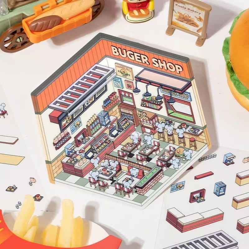 Cute Cat and Mouse Shops 3D Isometric Room Stickers - 4 Theme Sets: Coffee House | Cat Cafe | Supermarket | Burger Shop - SNSEASY