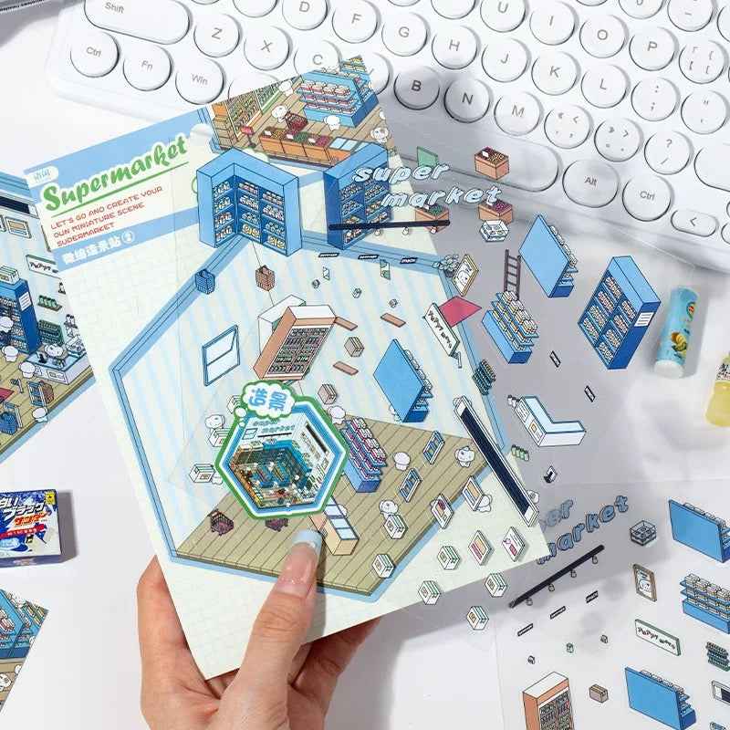 Cute Cat and Mouse Shops 3D Isometric Room Stickers - 4 Theme Sets: Coffee House | Cat Cafe | Supermarket | Burger Shop - SNSEASY