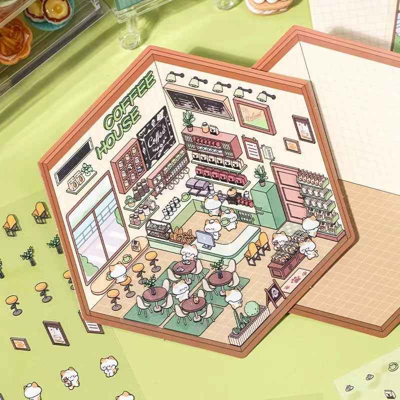 Cute Cat and Mouse Shops 3D Isometric Room Stickers - 4 Theme Sets: Coffee House | Cat Cafe | Supermarket | Burger Shop - SNSEASY