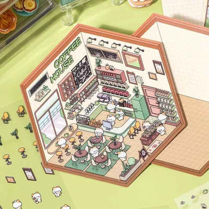 Cute Cat and Mouse Shops 3D Isometric Room Stickers - 4 Theme Sets: Coffee House | Cat Cafe | Supermarket | Burger Shop - SNSEASY