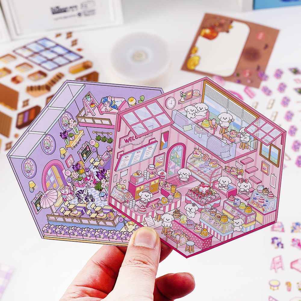 Cute Animal 5.0 3D Isometric Room Stickers Scene - 4 Theme Sets: Pony Flower Shop | Capybara Bookstore | Puppy Cake Shop | Bear Hamburger - SNSEASY