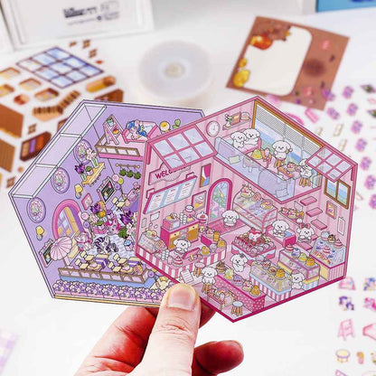Cute Animal 5.0 3D Isometric Room Stickers Scene - 4 Theme Sets: Pony Flower Shop | Capybara Bookstore | Puppy Cake Shop | Bear Hamburger - SNSEASY