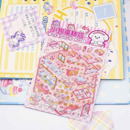 Cute Animal 5.0 3D Isometric Room Stickers Scene - 4 Theme Sets: Pony Flower Shop | Capybara Bookstore | Puppy Cake Shop | Bear Hamburger - SNSEASY