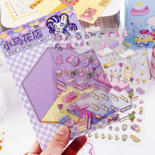 Cute Animal 5.0 3D Isometric Room Stickers Scene - 4 Theme Sets: Pony Flower Shop | Capybara Bookstore | Puppy Cake Shop | Bear Hamburger - SNSEASY