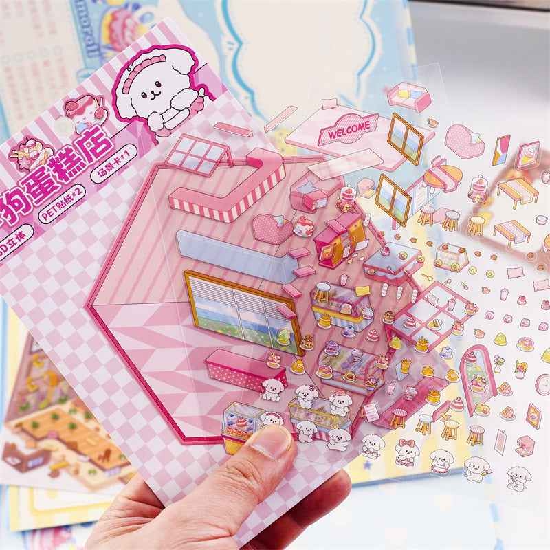 Cute Animal 5.0 3D Isometric Room Stickers Scene - 4 Theme Sets: Pony Flower Shop | Capybara Bookstore | Puppy Cake Shop | Bear Hamburger - SNSEASY