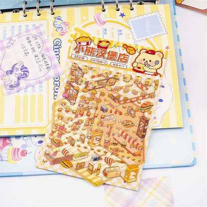 Cute Animal 5.0 3D Isometric Room Stickers Scene - 4 Theme Sets: Pony Flower Shop | Capybara Bookstore | Puppy Cake Shop | Bear Hamburger - SNSEASY
