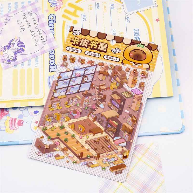 Cute Animal 5.0 3D Isometric Room Stickers Scene - 4 Theme Sets: Pony Flower Shop | Capybara Bookstore | Puppy Cake Shop | Bear Hamburger - SNSEASY