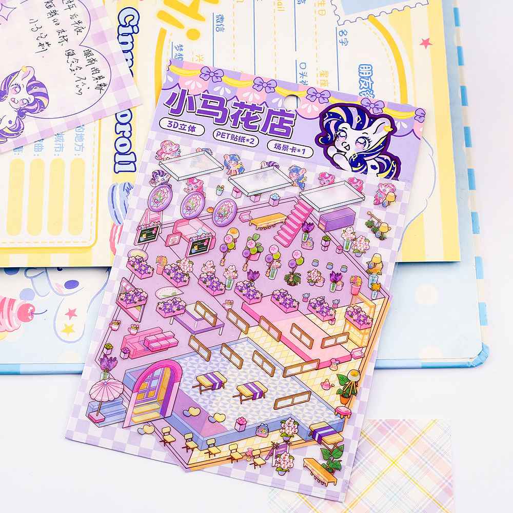 Cute Animal 5.0 3D Isometric Room Stickers Scene - 4 Theme Sets: Pony Flower Shop | Capybara Bookstore | Puppy Cake Shop | Bear Hamburger - SNSEASY