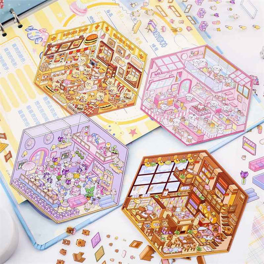 Cute Animal 5.0 3D Isometric Room Stickers Scene - 4 Theme Sets: Pony Flower Shop | Capybara Bookstore | Puppy Cake Shop | Bear Hamburger - SNSEASY