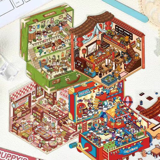 Magical Realm 2.0 3D Isometric Room Stickers Scene - 4 Theme Sets: Clown Theater Box | Vintage Suitcase | Monkey Theater | Puppy Cake Shop