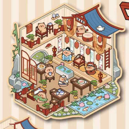 Cute Animals in Chinese Architecture 3D Isometric Room Stickers Scene - 4 Theme Sets: Bunny Courtyard | Capybara Theater | Bear Go Pavilion | Panda Hotpot Restaurant - SNSEASY