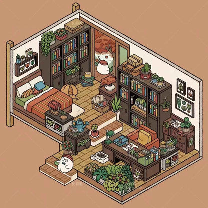 Sweet Girl 3D Isometric Room Stickers Scene - 5 Theme Sets: Underwater Home | Dessert Shop | Wooden Cabin | Bookstore | Magical House - SNSEASY