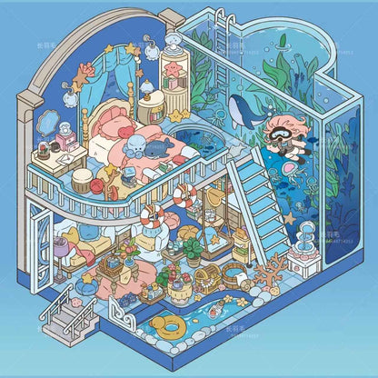 Sweet Girl 3D Isometric Room Stickers Scene - 5 Theme Sets: Underwater Home | Dessert Shop | Wooden Cabin | Bookstore | Magical House - SNSEASY