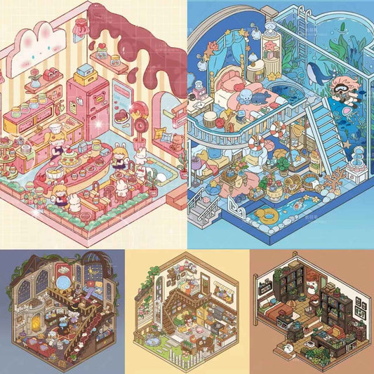 Sweet Girl 3D Isometric Room Stickers Scene - 5 Theme Sets: Underwater Home | Dessert Shop | Wooden Cabin | Bookstore | Magical House - SNSEASY