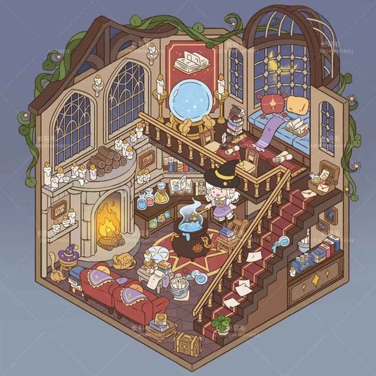 Sweet Girl 3D Isometric Room Stickers Scene - 5 Theme Sets: Underwater Home | Dessert Shop | Wooden Cabin | Bookstore | Magical House - SNSEASY