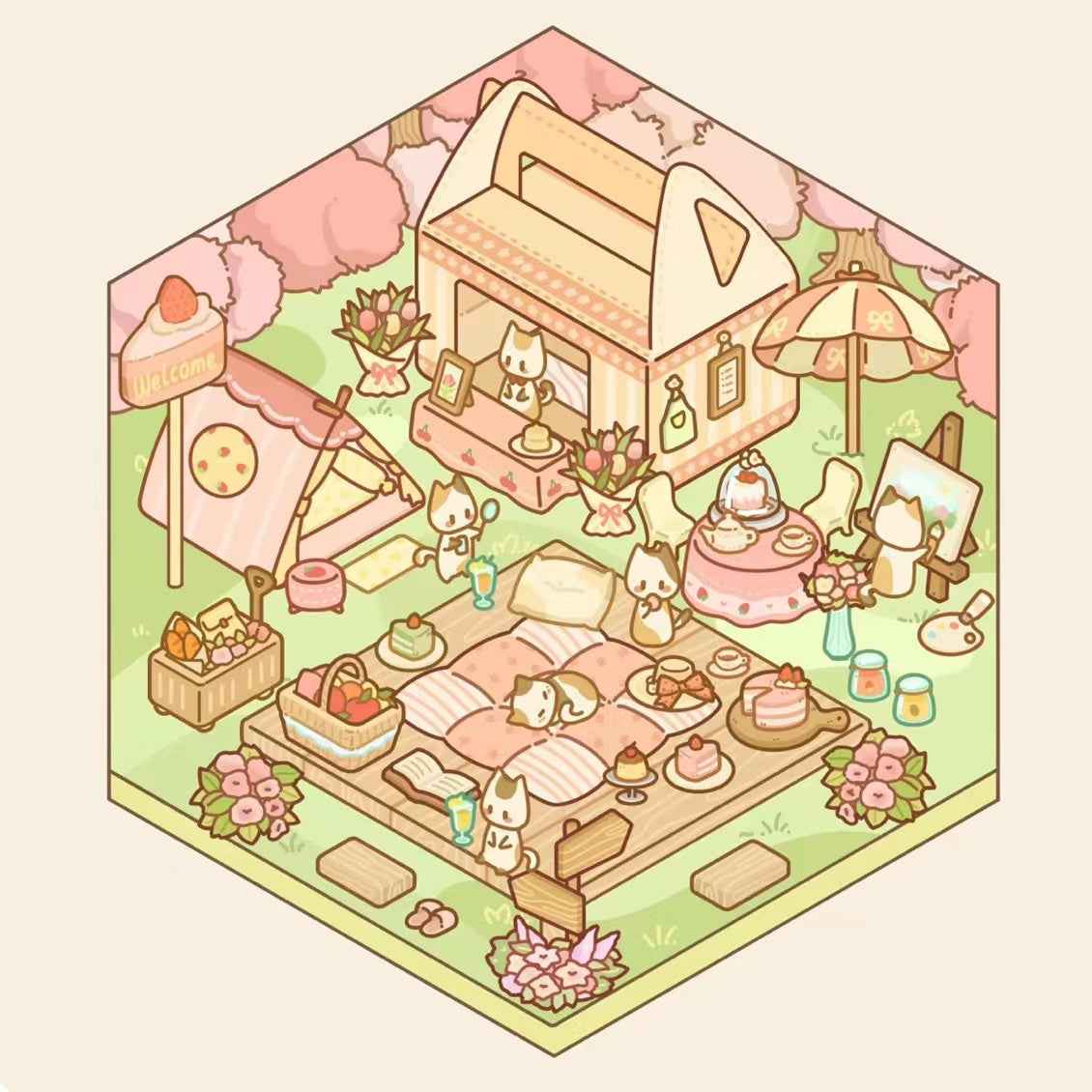 Cute Cat 2.0 Stickers Scene - A Relaxing Day with 4 Themes: Cat Farm | Outdoor Picnic | Festival Fair | Tribal Ceremony - SNSEASY