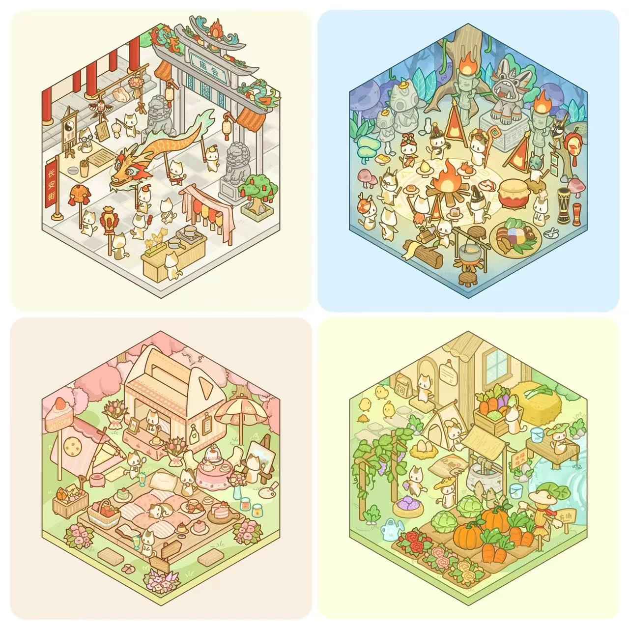 Cute Cat 2.0 Stickers Scene - A Relaxing Day with 4 Themes: Cat Farm | Outdoor Picnic | Festival Fair | Tribal Ceremony - SNSEASY