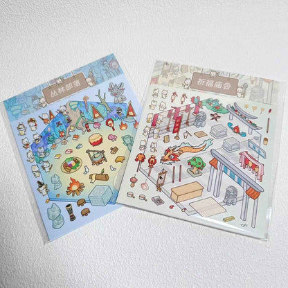 Cute Cat 2.0 Stickers Scene - A Relaxing Day with 4 Themes: Cat Farm | Outdoor Picnic | Festival Fair | Tribal Ceremony - SNSEASY