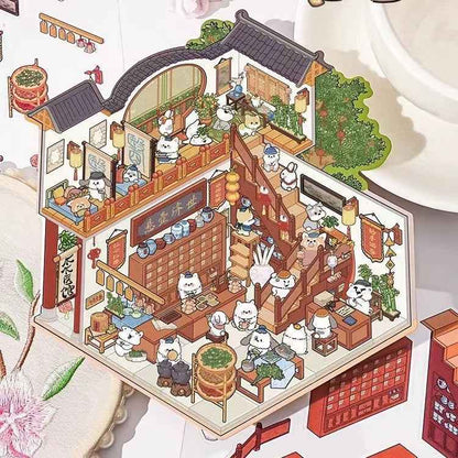 Cute Cat 3.0 Stickers Scene – Traditional Chinese Culture: Cat Theater | Cat Traditional Medicine Clinic | Cat Ancient Courtyard | Cat Relaxation Hall - SNSEASY