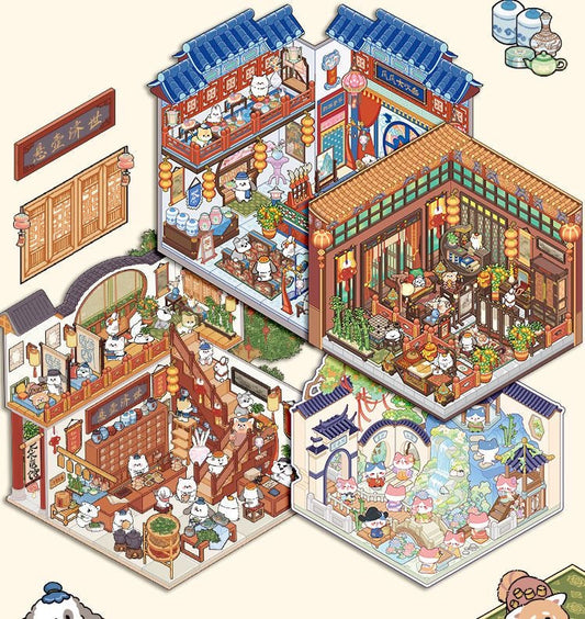 Cute Cat 3.0 Stickers Scene – Traditional Chinese Culture: Cat Theater | Cat Traditional Medicine Clinic | Cat Ancient Courtyard | Cat Relaxation Hall