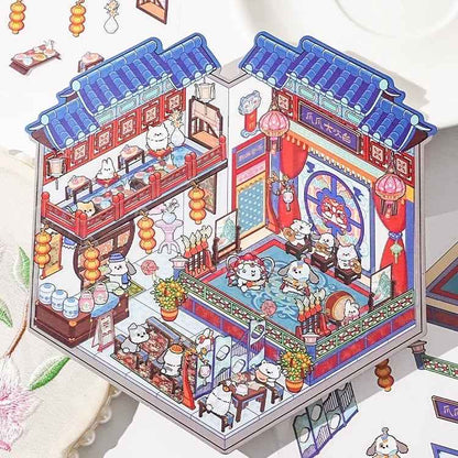 Cute Cat 3.0 Stickers Scene – Traditional Chinese Culture: Cat Theater | Cat Traditional Medicine Clinic | Cat Ancient Courtyard | Cat Relaxation Hall - SNSEASY