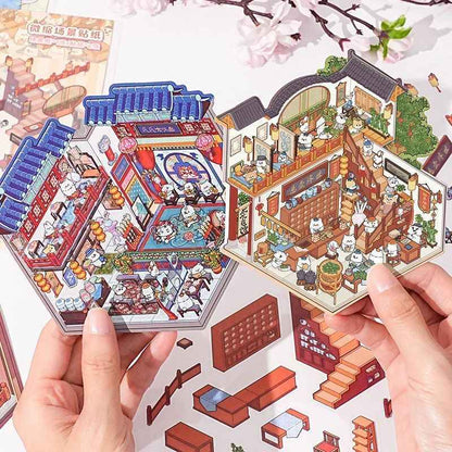 Cute Cat 3.0 Stickers Scene – Traditional Chinese Culture: Cat Theater | Cat Traditional Medicine Clinic | Cat Ancient Courtyard | Cat Relaxation Hall - SNSEASY