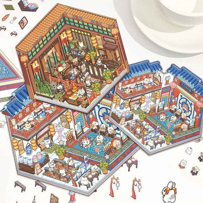 Cute Cat 3.0 Stickers Scene – Traditional Chinese Culture: Cat Theater | Cat Traditional Medicine Clinic | Cat Ancient Courtyard | Cat Relaxation Hall - SNSEASY