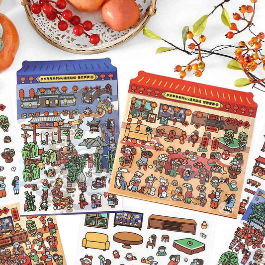 Chinese New Year Stickers Scene – 2 Themes: New Year's Eve Dinner | Temple Fair - SNSEASY