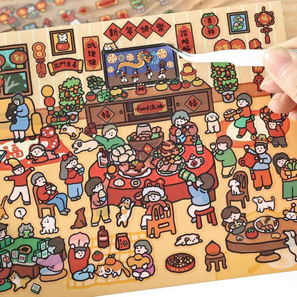 Chinese New Year Stickers Scene – 2 Themes: New Year's Eve Dinner | Temple Fair - SNSEASY